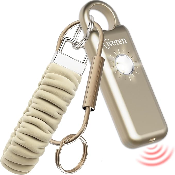 Personal Safety Alarm Keychain for Women, 130dB, LED Light, Gold Satin | USB-C Rechargeable, Bottom Speaker Siren, Wristlet and Carabiner Clip, Weatherproof, Low Battery Alert by WETEN