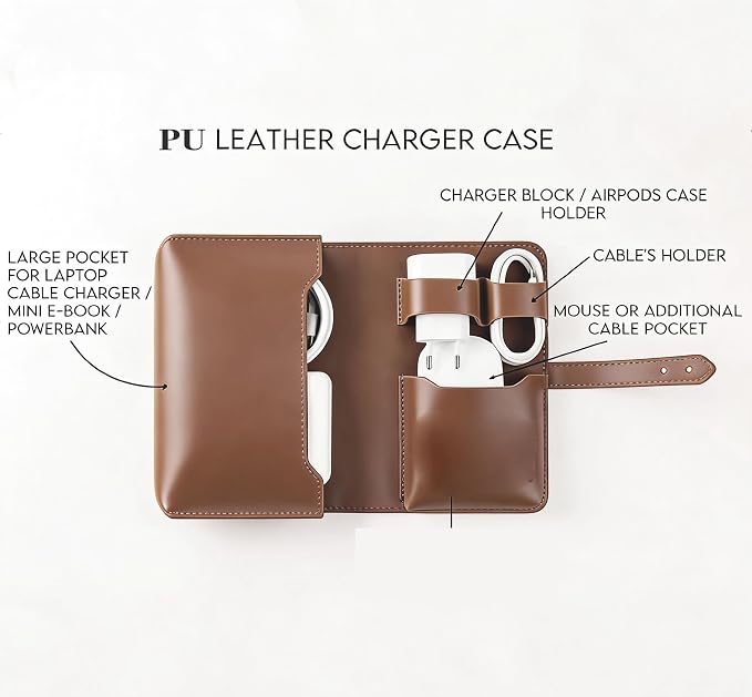 Vintage leather Electronic organizer travel case,cord keeper travel pounch, charger shortage for essentials mouse, adapter, cables,Cable Straps,Earbud case,wrap (Brown leather with band & Organizer) - Image 8