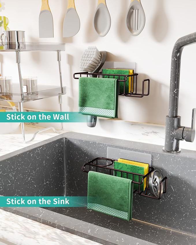 HapiRm 4 in 1 Adhesive Kitchen Sink Organizer, SUS304 Stainless Steel Brush Holder + Dish Cloth Hanger + Soap Rack + Sink Stopper Holder, No Drilling Sponge Caddy for Kitchen - Bronze - Image 4