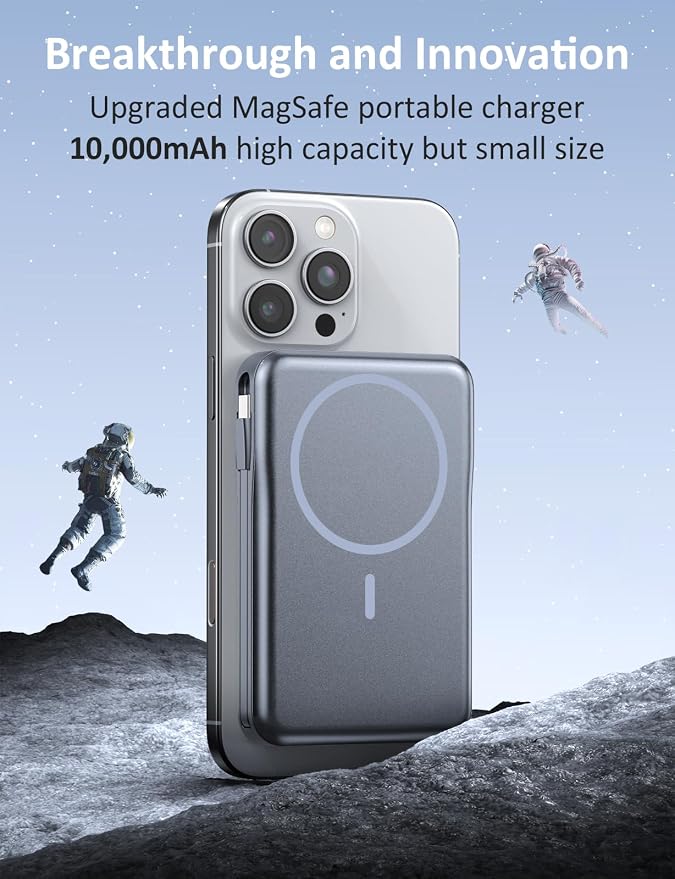 Magnetic Portable Charger 10000mAh, 20W Power Bank with Built in Cable | 20W Fast Charging for Magsafe Battery Pack with LED Display, Travel Essential for iPhone 17/16/15/14/13 Pro/Pro Max-SpaceGrey - Image 3