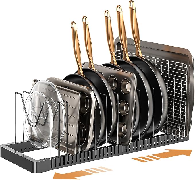 Pots and Pans Organizer under Cabinet, Expandable Pot Lid Organizer Holder with 12 Adjustable Compartment, Pan Organizers inside Cabinet for Lids, Bakeware, Kitchen Storage Pot Rack, Black by PanPanPal