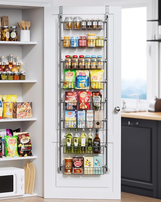 Delamu Over The Door Pantry Organizer, 8-Tier Pantry Door Organizers and Storage, Metal Hanging Spice Rack, Seasoning Organizer, Door Organizer for Home Kitchen Bathroom, Black by DELAMU