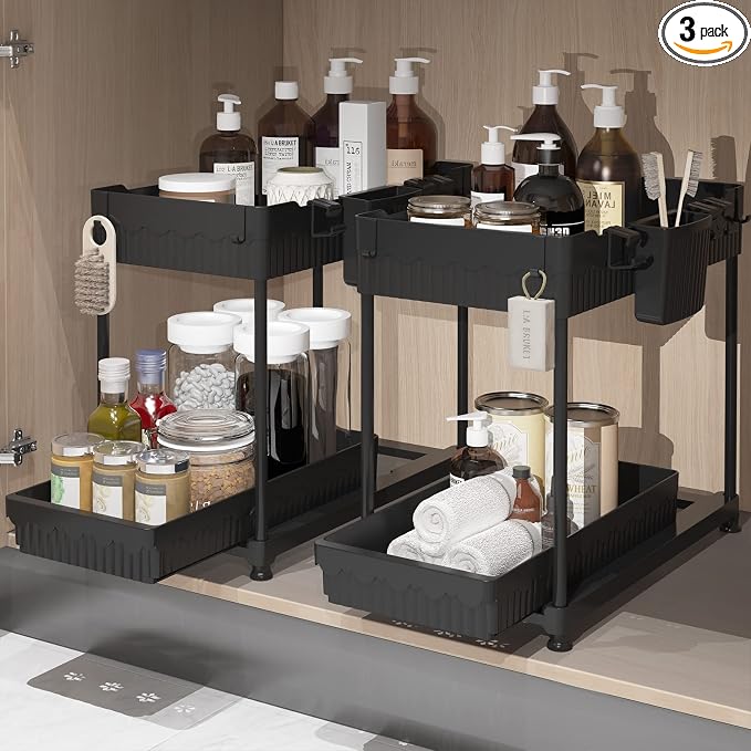 2-Pack 2-Tier Under Sink Organizers with Sliding Drawers | Multi-use kitchen & bathroom storage, 12.85 inch black cabinet organizer, space-saving sliding drawer design. by Sevenblue