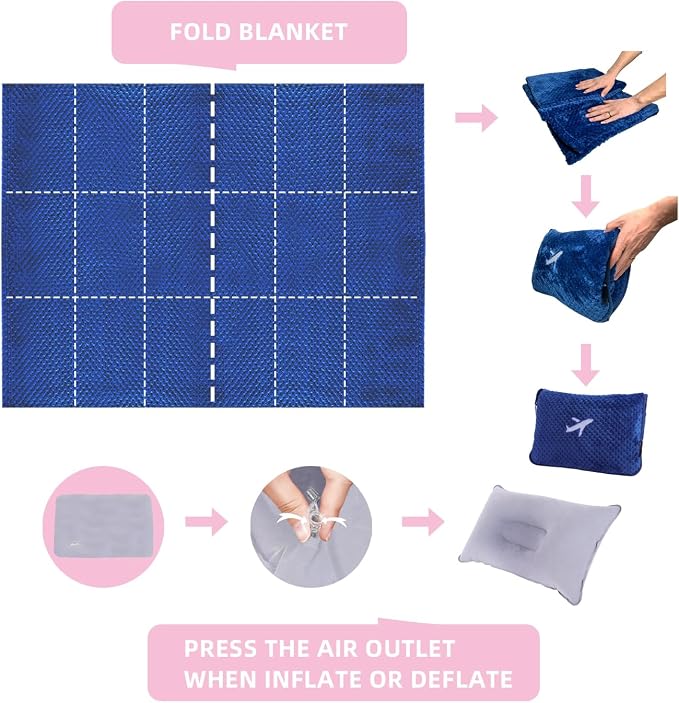 3 in 1 Travel Blanket Pillow Set - 350 GSM Thick Travel Blanket Airplane Compact with Bag, Soft Bag with a Pocket, Inflatable Travel Pillow for Camping & Car Trip (Royal Blue) - Image 6