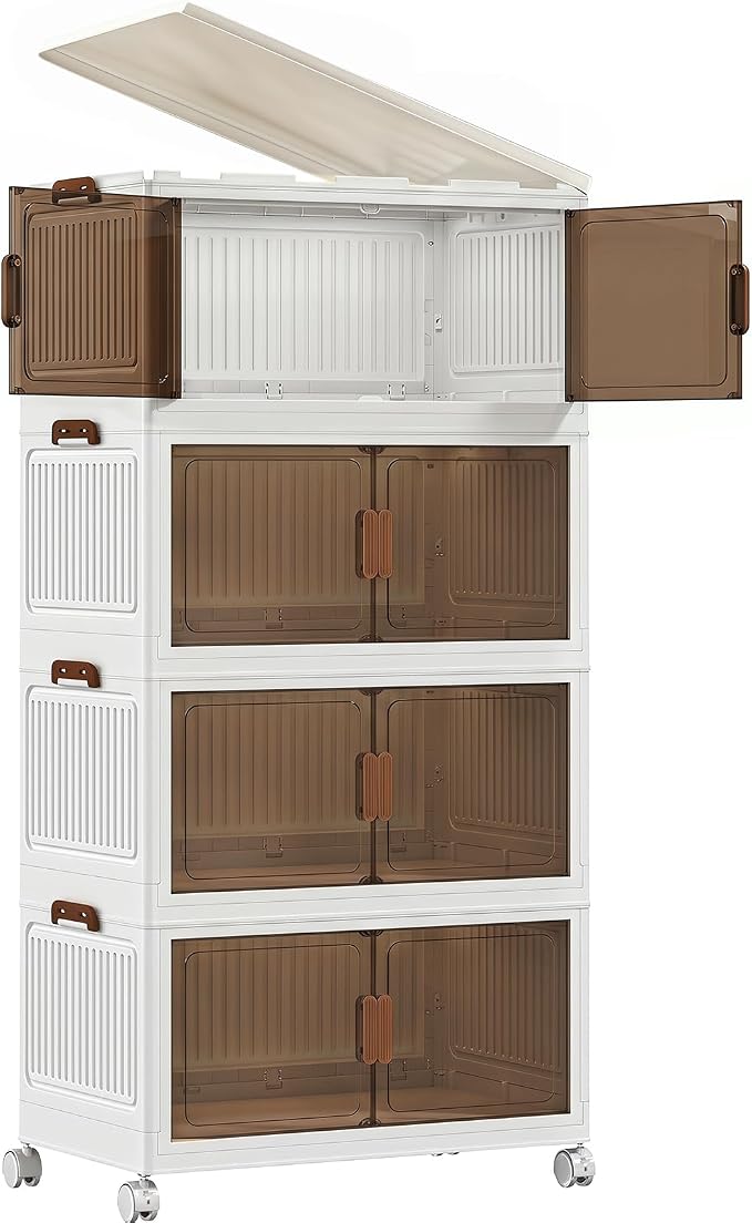 220QT Stackable Storage Bins With Lids, Collapsible Plastic Storage Bins with Wheels and Doors, Foldable Plastic Cabinets for Bedroom Dorm Garage by Unknown