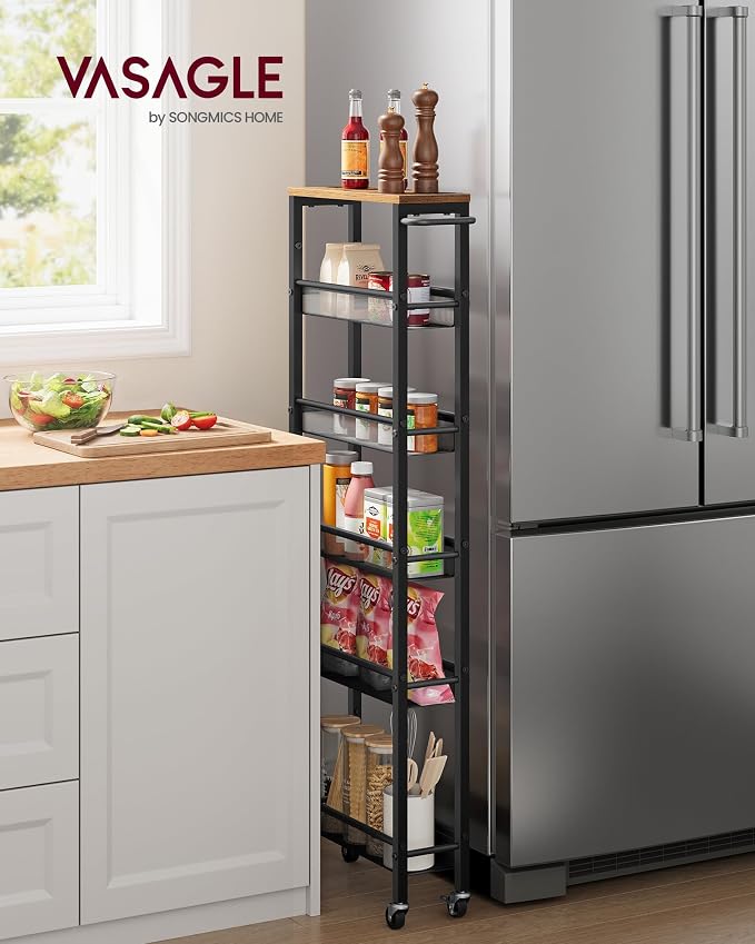 VASAGLE Slim Storage Cart, 6-Tier Rolling Utility Cart, Skinny Shelf for Kitchen Pantry, Narrow Bathroom Organizer, 17.9 x 5.9 x 51.7 inch, Rustic Brown and Matte Black, Dacey Collection ULRC038K101 - Image 2