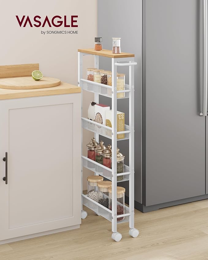 VASAGLE Slim Rolling Cart, 5-Tier Storage Cart, Narrow Cart with Handle, 5.1 Inches Deep, Metal Frame, for Kitchen, Dining Room, Living Room, Home Office, Oak Beige and Classic White ULRC034W09 - Image 2
