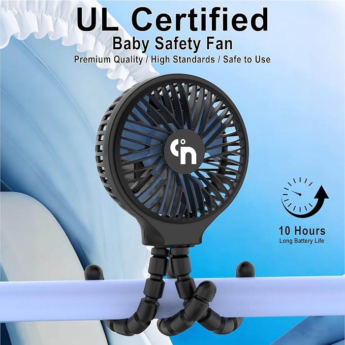 WiHoo Portable Stroller Fan, 11H Ultra-long Battery Life 3 Speed 360°Rotate, USB Rechargeable or Battery Operated Cooling Clip On Personal Fan for Baby Crib Travel Car Seat Black - Image 2