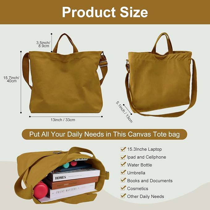 Women's Canvas Tote Bag inside Out Bag with Adjustable Crossbody Strap for Work Travel Shopping Durable Handbag for Men - Image 3