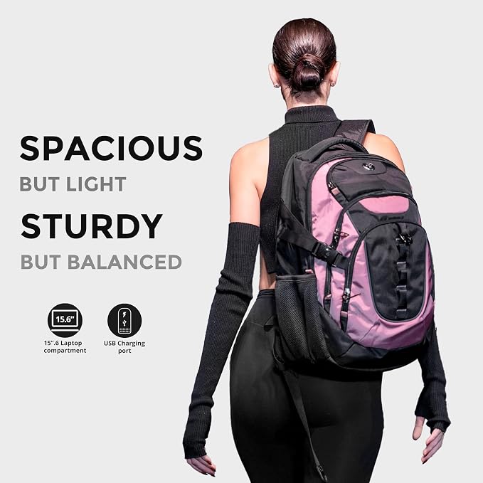 Swissdigital Design Laptop Backpack with USB Charging Port, Travel Backpack Fits 15.6 inches Computer, 31L College School Backpack for Women, Light Purple/Black | SD803-85 - Image 2