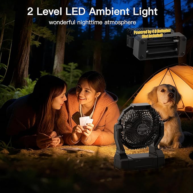 Battery Operated Fan, 2-in-1 D-Cell Battery & USB Powered Portable Fan with 4 Speeds, 3 Timers & 2 Light Modes, Super Long Lasting Camping Fan for Outdoor Tent Travel Picnic Office Bedroom - Black - Image 4