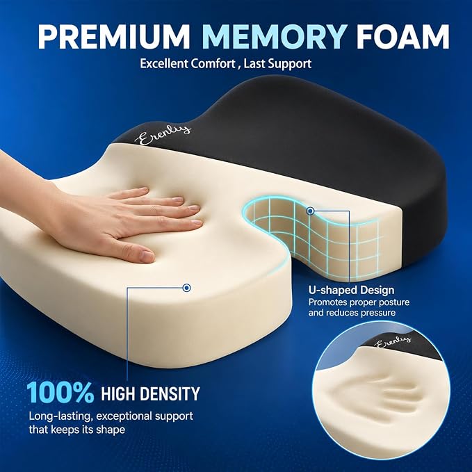 2 Pack Seat Cushion Memory Foam for Office Chairs Car, Black and Gray | Office Chair Cushion for Desk Airplane, Butt Pillow for Long Sitting Sciatica, Hip, Coccyx,Tailbone Pain Relief - Image 2