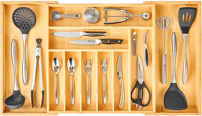 Extra Large Expandable Kitchen Siverware Utensils Drawer Organizer, 19" Deep for Big Drawer, Adjustable Bamboo Wood Drawer Divider with Curved Grooves, Cutlery Tray Flatware Holder by Umilife