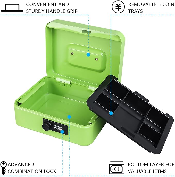 KYODOLED Cash Box with Combination Lock,Safe Metal Box for Money,Storage Lock Box with Money Tray,7.87"x 6.30"x 3.54" Limegreen Medium - Image 2