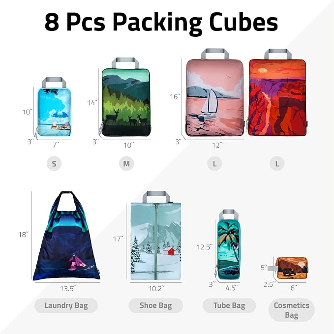 Set of 8 compression packing cubes for travel accessories- Expandable bags for clothing, toiletry, backpacks, organizing essentials (Holiday) - Image 3
