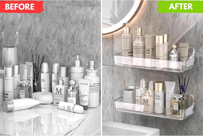 Long Adhesive Wall Organizer Shelf, No-Drill, Clear | BPA-Free PET, Built-In Drain Holes, Detachable, Extended Storage for Shampoo Bottles, Body Wash, Spice Jars - Image 7