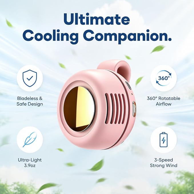 Portable Clip-on Fan Silent Bladeless Mini Fan | 360°Rotation 3-speed Modes Whirlwind Waist Clips Fans Hands-Free Cooling Fan Outdoor Trip Work Travel Pink - Image 8