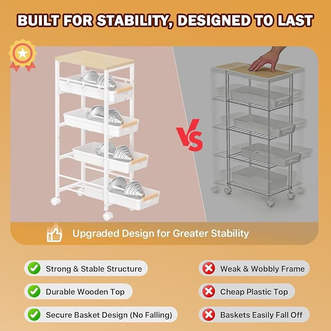SUNALLY Slim Storage Cart with Wheels, Narrow Kitchen Rolling Cart, White | 5-Tier Skinny Rolling Cart with Wooden Top & Lockable Wheels, Storage Organizer for Bathroom, Laundry Room, Narrow Space - Image 6