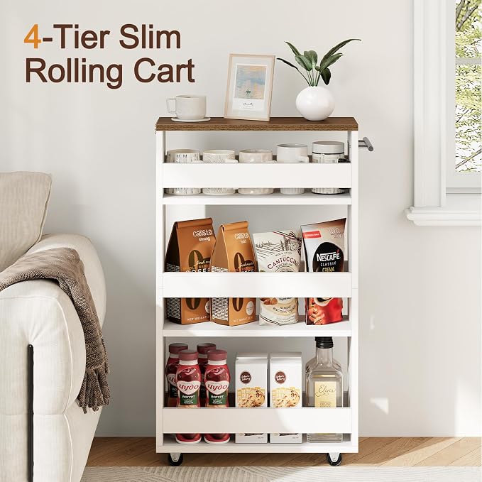 Yoobure 4-Tier Slim Storage Cart - Narrow Rolling Cart on Wheels, Slide Out Utility Carts with Adjustable Shelves, Organizer Trolley with Handle & Flip Top for Kitchen, Bathroom, Laundry, Small Spaces - Image 5