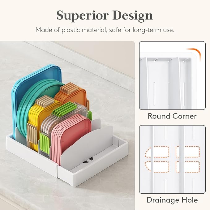 Lifewit Kitchen Cabinet Organizer for Food Contanier Lid with 9 Sections | Expandable Lids Holder with 8 Adjustable Dividers for Pantry Organizers and Storage, Home Organization, Large, 9.8"-17" - Image 7