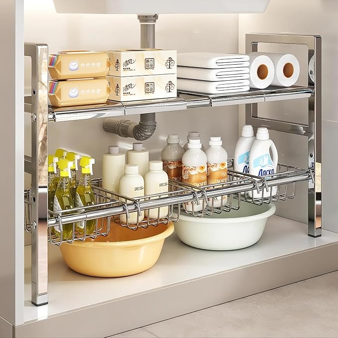 Large Under Sink Organizer 2 Tier Expandable Heavy Stainless Steel Shelf Adjustable Height for Under Kitchen Bathroom Sink Organizers and Storage (Large Size: 4 Panels 4 Storage Baskets) - Image 3
