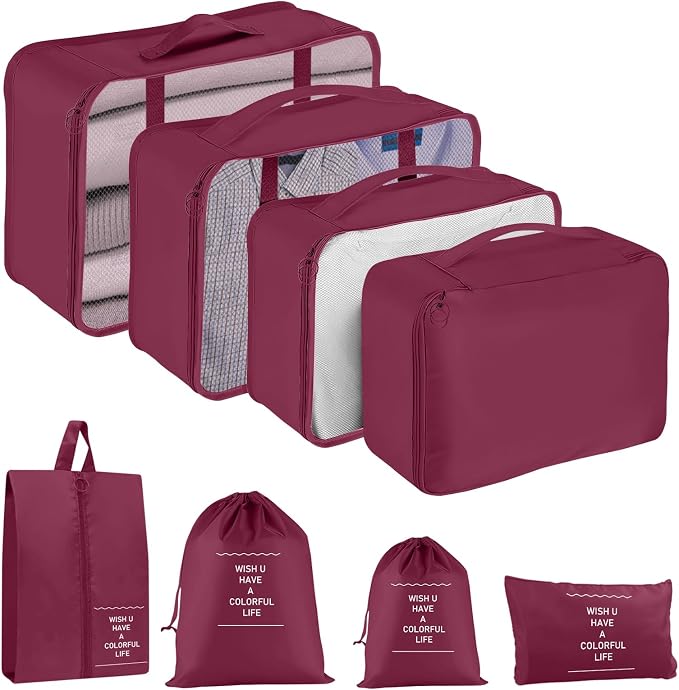 Packing Cubes for Travel- 8 Set Luggage Organizer Bags for Family, Mesh Breathable Travel Packing Cubes for Suitcases Durable Travel Essentials Bags Set (Red, 8 Set) by YEEYAA