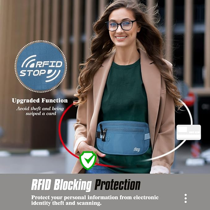 MoKo Travel Money Belt with RFID Blocking, 3 Pockets, Blue | Slim 210D water-resistant nylon design fits discreetly under clothing; adjustable strap fits 28-50 in waists - Image 2