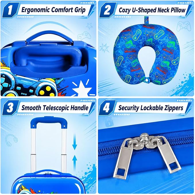 Boys Suitcase, Lightweight Hardshell Spinner Kids Luggage Set 2PCS with Wheels - Airplane Approved Carry-On for Children Ages 3-10, Energetic Game Rolling Suitcases for Elementary Toddler Travel - Image 6