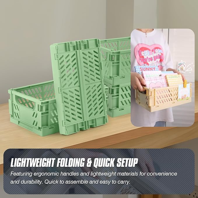 4 Pcs Collapsible Storage Crates, 10x5.9x4 inches Space-Saving Folding Containers, Stackable Plastic Boxes for Home Kitchen Office Bedroom Bathroom, Green - Image 4