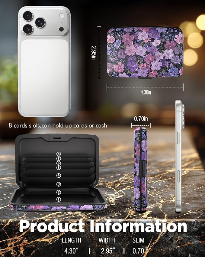 Maicican RFID Blocking Aluminum Credit Card Holder | Slim Metal Wallet for Women & Men, Business Card Case for Travel, Fits Front Pocket, Card holder wallet - Purple flowers - Image 6