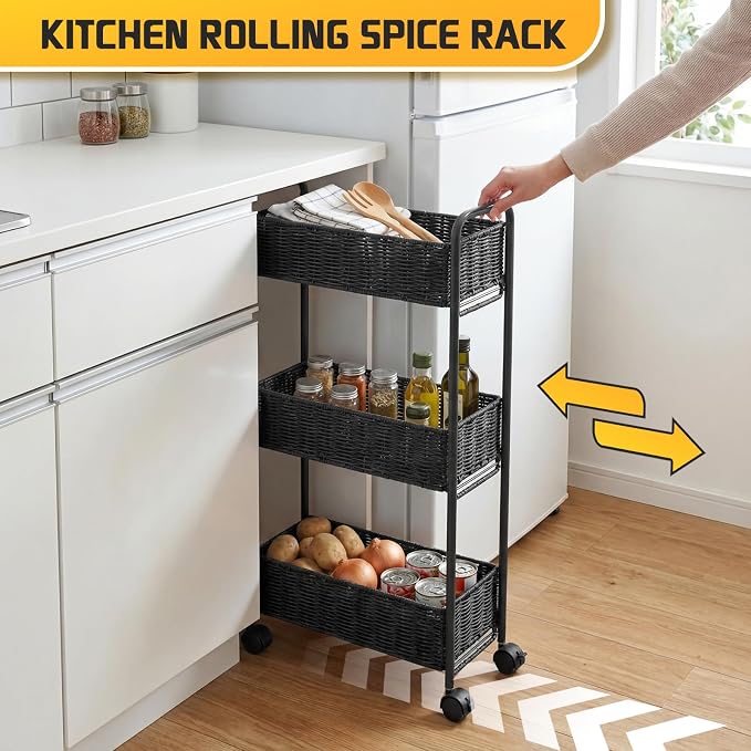 Utility Slim Storage Cart,3-Tier Rolling Kitchen Office Laundry Room Cart,Mobile Shelving Unit Organizer for Living Room Bathroom Baby Diaper Narrow Places (Black, 3 Tiers-7.1 inch (W)) - Image 2