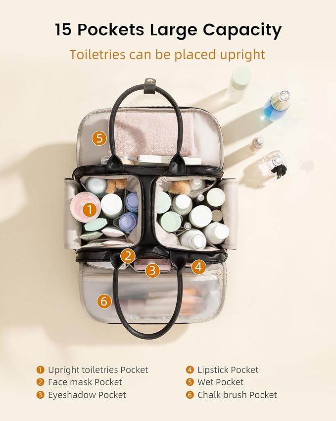 LOVEVOOK Travel Toiletry Bag for women, Leather Large Wide-open Makeup Bag, Waterproof Cosmetic Bag Organizer for Shower, Traveling, Toiletries, Bathroom - Image 3