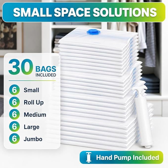 Vacuum Storage Bags,30Pack Vacuum Seal Bags for Clothing,Travel,Clothes,Comforters,Blankets,Pillows-6 Jumbo+6 Large+6 Medium+6 Small+6 Roll Up Space Saving Bag Hand Pump Included - Image 7