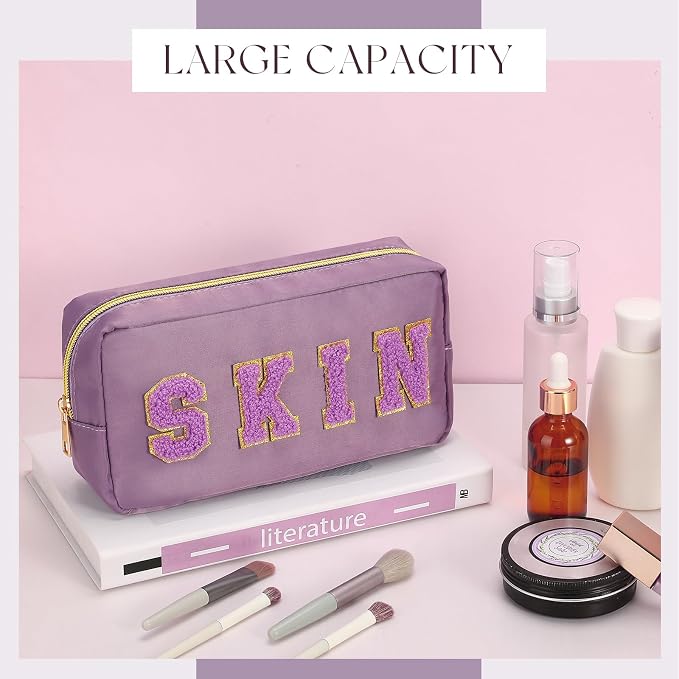 Preppy Makeup Bags Chenille Letter Stuff Bag Nylon Cosmetic Pouch Cases with Zipper for Women Travel Toiletry(Purple Set,Classic,4 Pcs) - Image 3