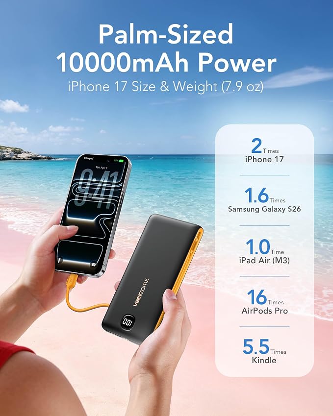 VEEKTOMX Portable Charger with Built-in Cables and AC Wall Plug, 10000mAh | Pocket-Size Travel Power Bank with USB-C and Micro-USB Cables for up to 4 Devices Include iPhone, iPad, Samsung, Black Yellow - Image 4