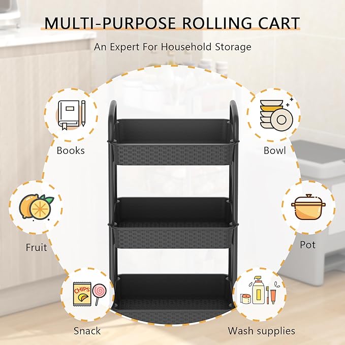 MOYIPIN 3-Tier Plastic Rolling Utility Cart with Handle,Black | Utility Storage Cart for Office, Living Room, Kitchen,Movable Storage Organizer，Easy installation，Rattan-like art design - Image 3