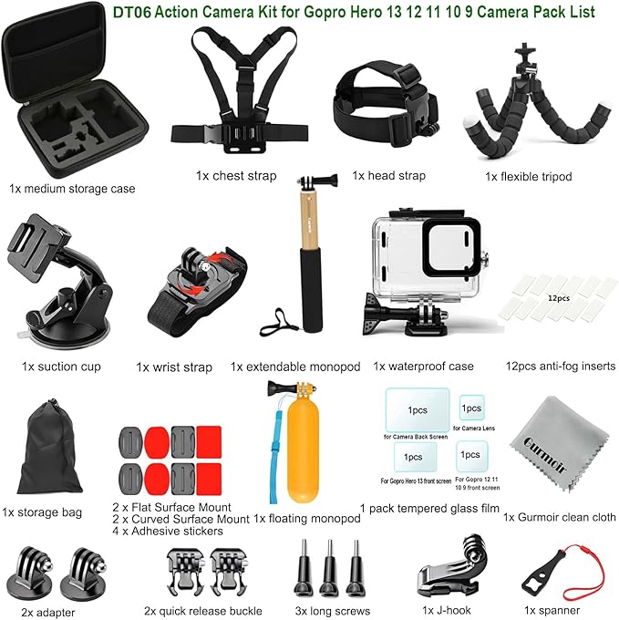 Accessory Pack for Go Pro 13 12 11 10 9 Hero, Full Essential Accessories Kit with Waterproof Protective Housing Case for GoPro Hero 13 12 11 10 9 Black(DT06) - Image 6