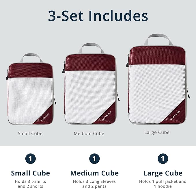 3 Set Compression Packing Cubes for Travel - Compressible, Lightweight, and Space-Saving Packing Cubes, Travel Essentials for Women, Wine - Image 3