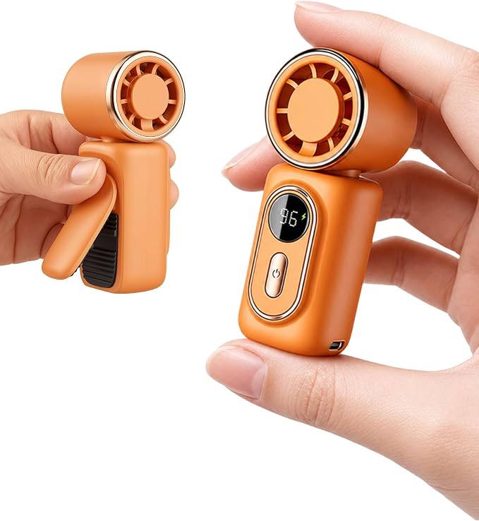 Mini Clip on Fan Handheld, 3000mAh Rechargeable Portable Fan with LED Display, 3-in-1 Personal Cooling Fan, 3 Speeds Quiet USB C Fan for Stroller Desk Travel Camping Office for Women Men Kids, Orange by Unknown