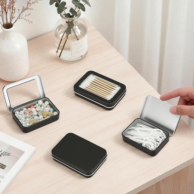 HAOGUAGUA 4 Pcs Travel Containers - Qtip Travel Case and Floss Pick Holder Box, Portable Cotton Swab Organizer Dispenser with Dustproof Lid for Hair Ties Cotton Pad jewelry Small Items (Black) - Image 7