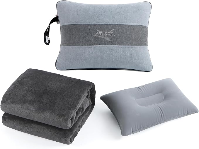 Melissa Large Soft Travel Blanket and Inflatable Pillow Set | Size-69“ x 43.3”, Carry Bag – Lightweight, Compact & Washable for Backpacking, Hiking, Airplane, Car, Office, Camping (Gray) by Melissa