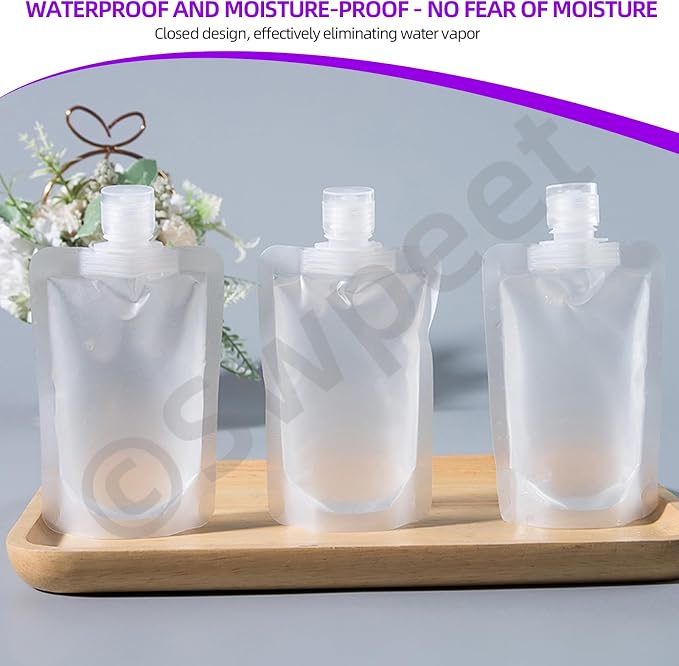 Swpeet 24 Pack 3 Sizes 30ML 50ML 100ML Travel Pouches with Label Paper Assortment Kit, Empty Squeeze Pouches TSA Approved Stand Up Pouch for Toiletry, Portable Travel Fluid Makeup Packing Bag - Image 6