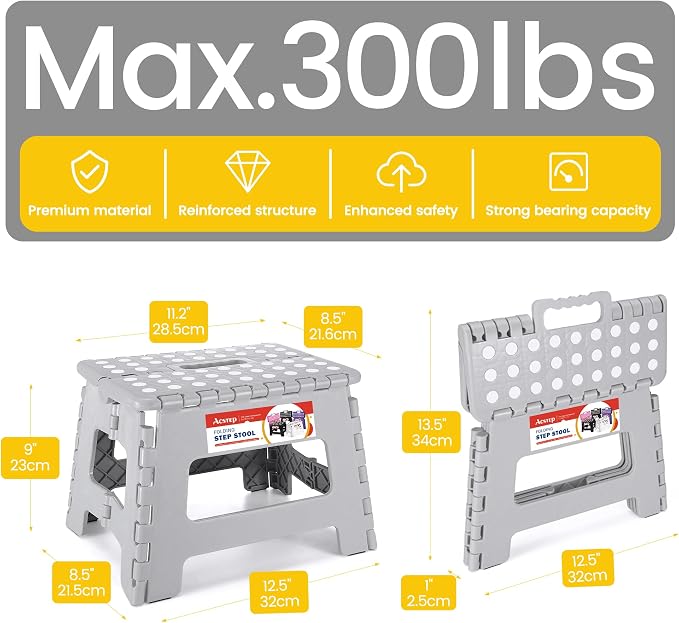 Folding Step Stool 9 Inch, Non-Slip Foldable Stools for Kids, Gray | Heavy Duty Collapsible Foot Stool, Lightweight, Holds 300lb for Toddler/Adults Kitchen Bathroom Bedroom Outdoor, with Handle - Image 4