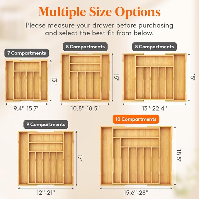 Lifewit Silverware Drawer Organizer, Wooden Utensil Tray for Kitchen | Expandable Flatware and Cutlery Holder, Adjustable Storage for Spoons Forks Knives, 17-28 x 18.5", Natural - Image 2