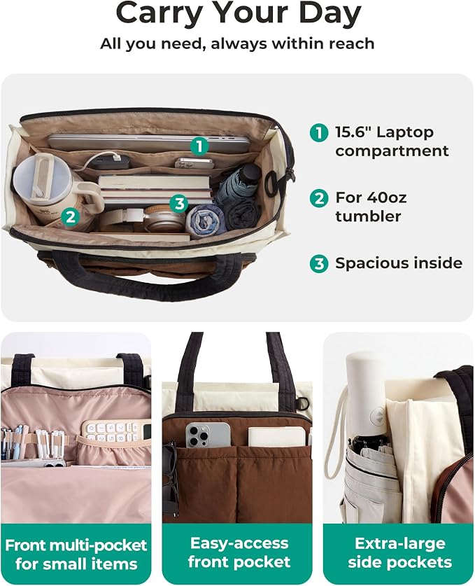 BAGSMART Tote Bag for Women, Puffy Laptop Work College Shoulder Handbag | 30oz or 40oz Tumbler Holder with Crossbody Strap, 13 inch or 15.6 inch Laptop Sleeve, Water Resistant Puffer Teacher Tote Bag - Image 5