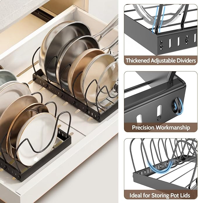 2PACK Pot Lid Organizers Inside Cabinet for Kitchen, Pots and Pans Organizer Under Cabinet with 16 Adjustable Dividers, Countertop Lid Holder, Rust-Resistant, Tool-Free Installation, Easy to Clean - Image 4