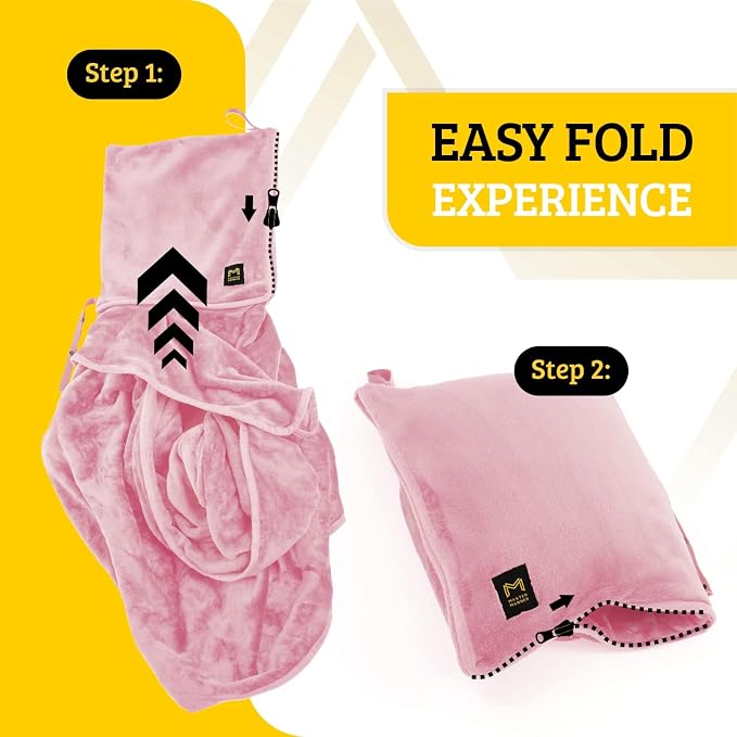 Travel Blanket Airplane Compact with Hoodie – 2in1 Airplane Travel Accessories from Plane Blanket to Travel Pillow with Luggage Strap, Soft Handle & Secure Pocket (Light Pink, 62x41'') | 300 GSM fleece airplane blanket; attached hoodie doubles as its s... - Image 3