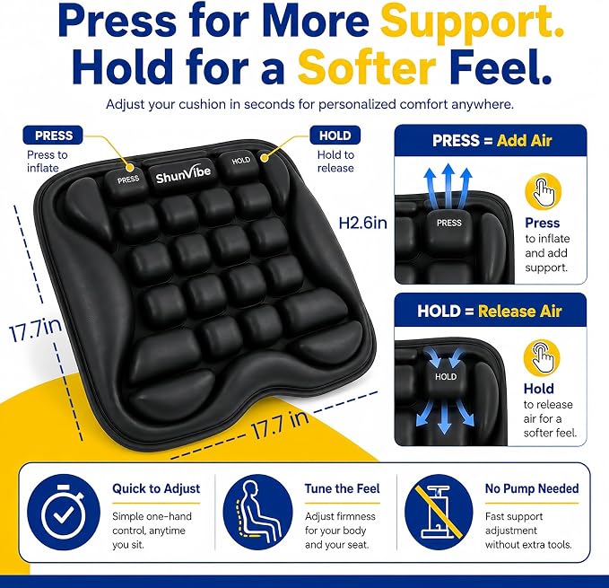 Car Seat Cushion for Long Drives, Pressure Relief Seat Pad with Built-in Pump, Adjustable Air Cell Cushion for Truck Drivers, SUV, Office Chair and Wheelchair - Image 4