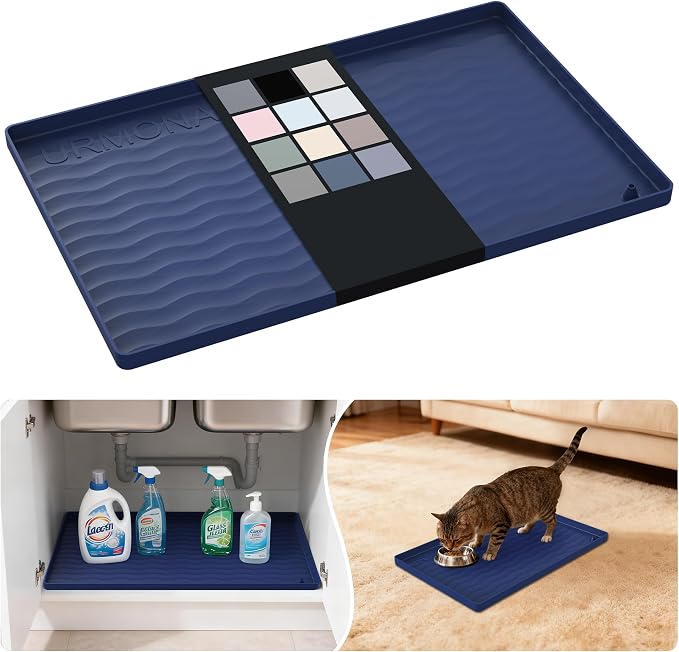 URMONA Waterproof Silicone Under Sink Mat 19'' x 12'' Shelf Liner for Kitchen and Bathroom, Cabinet and Counter Protector, Storage and Organizers, Litter Mat, Pet Cat Puppy Essentials(Navy) by URMONA
