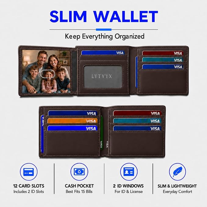 Wallet for Men Slim RFID Blocking Genuine Leather Bifold Mens Wallet | Front Pocket Credit Card Holder with 2 ID Windows, Holds 12 Cards & Cash Minimalist Thin Wallet, Gifts for Men - Image 4